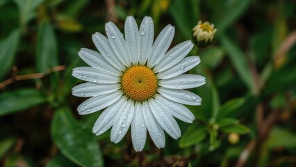 Fototapeta premium Yellow and white flower with water drops resting on its petals following rainfall