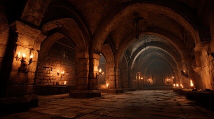Fototapeta premium Dark Medieval Dungeon with Flickering Torchlight and Stone Arches