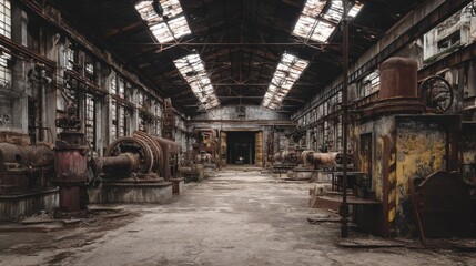 Fototapeta premium Abandoned Industrial Factory with Decaying Rusted Machines and Debris