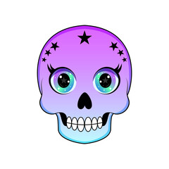 Cute and colorful kawaii skull illustration with big sparkling eyes and stars
