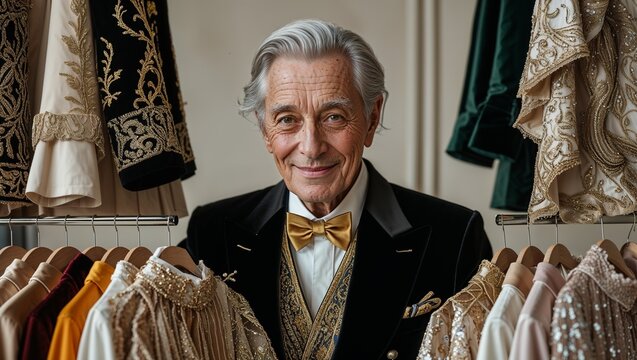 Stylish senior man smiling among luxury clothes on hangers