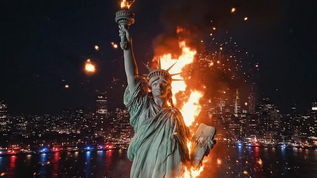 Iconic Statue of Liberty Burning Amidst City Skyline at Night with Dramatic Lighting Effects