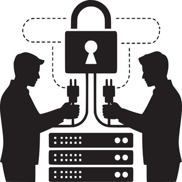 Cybersecurity network protection concept, black silhouette of IT engineers securing server data with padlock, digital privacy vector