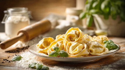 A plate of freshly made tortellini with basil leaves, surrounded by flour, a rolling pin, and other ingredients, evoking the process of traditional italian pasta making