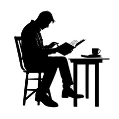 silhouette of a man sitting on a chair and reading a book