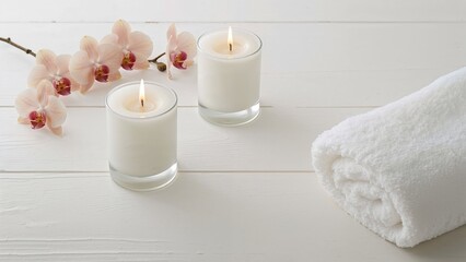 Relaxing spa setup featuring scented candles, a delicate orchid, and a towel on a white wooden backdrop. Wellness treatment scene with empty space.