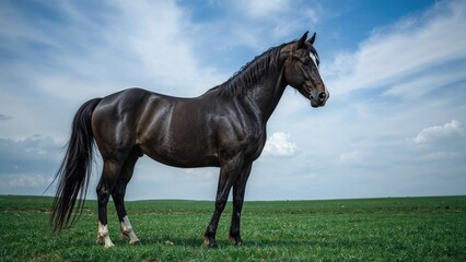 Graceful black equine figure with a serene sky background