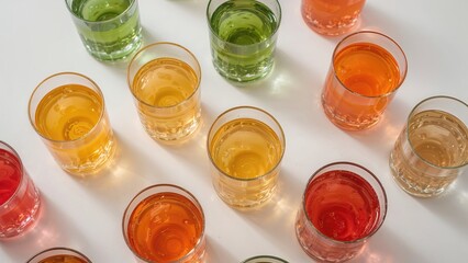 A selection of multi-colored juice-filled glasses seen from the top against a white background.