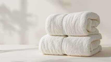 Cotton terry towels piled up showcasing bathroom interior elements and blank area