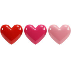 Three glossy heart shaped candies in vibrant red bright pink and soft pastel pink against a black background