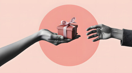 A pink gift box is offered from one hand to another, set against a geometric pink and peach background. Concept for giving a present.