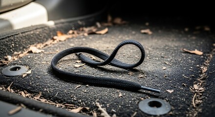 A lost black shoelace lies looped on a dirty car floor mat covered in leaves and debris.