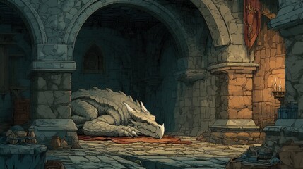 Sleeping Dragon in the Dark Dungeon Depths of Fantasy Realm