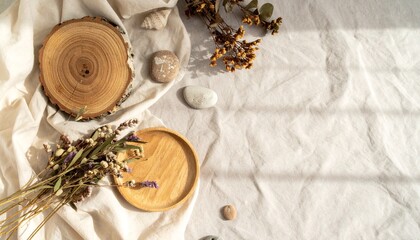 Flat lay of organic objects on a linen backdrop with subtle shadows and soft ambient light, ideal for calm aesthetic compositions.