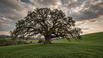 Fototapeta premium Lone ancient Cork Oak (Quercus suber) standing in an open field beneath an overcast sky