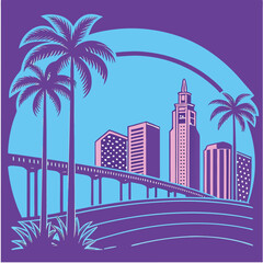 A vibrant San Diego skyline vector in silhouette style with the Coronado Bridge 