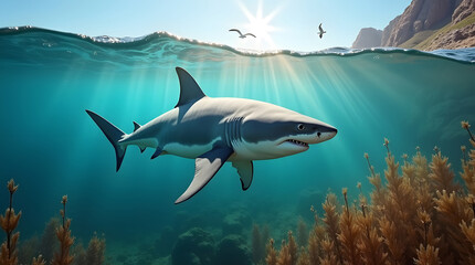 Obraz premium Great white shark swimming in the ocean, view from underwater. Sunlight and marine life.