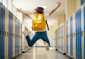 Joyful student leaping in school hallway with vibrant yellow backpack