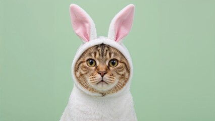 Young tabby cat sporting playful rabbit ears with a pastel green background.
