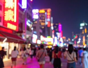 A soft-focus image captures a bustling street scene, with diverse individuals strolling, some chatting, while vibrant storefronts line the background.