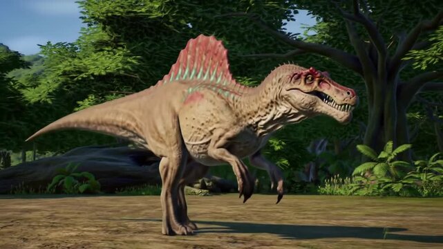 Spinosaurus Running With Bouncy Steps and Swinging Claws in a Prehistoric Landscape with Green Foliage Detailed Skin and a Distinctive Sail
