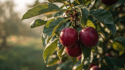 Dew-kissed ripe red plums hanging from a tree limb