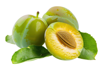 Juicy green plums with leaves displayed on a white background, showcasing their ripe freshness and vibrant color