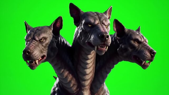 Three Headed Dog Rendered in Digital Art with Menacing Gaze Against Green Screen Backdrop An Imposing Cerberus Creature