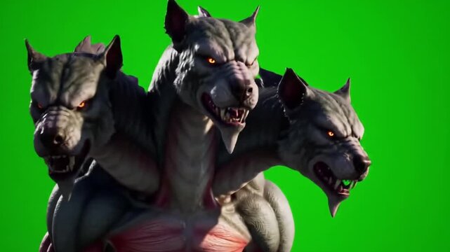 Three Headed Gray Wolf Monster with Orange Eyes Growling Fiercely Against a Green Screen Depicting Mythical Beast with Shoulder Tension