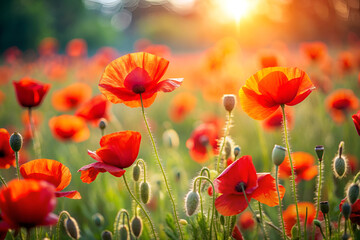 Fototapeta premium A field of blooming red poppies bathed in warm golden hour sunlight, creating a magical atmosphere with soft focus and glowing light