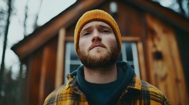 Confident young man with beard wearing yellow beanie and plaid jacket stands outdoors in front of rustic wooden cabin, autumn mood - Powered by Adobe