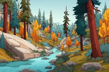 A picturesque autumnal forest scene by a flowing creek.