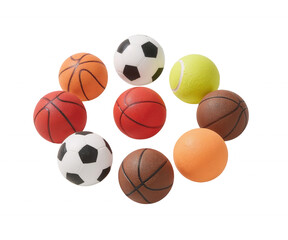 A collection of miniature sports balls arranged in a circular pattern against a solid backdrop