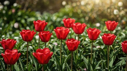 Fototapeta premium Vibrant red tulips blossoming outdoors with a scenic natural backdrop. Theme of spring celebration.