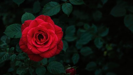 Nature-inspired floral scene featuring a red rose with vibrant black and green hues