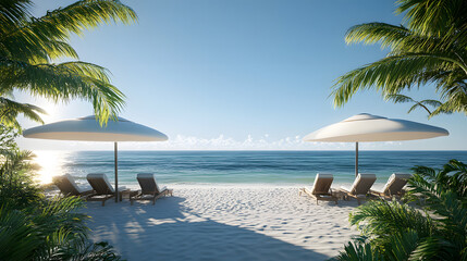 Private beach with sun loungers, umbrellas, white sand, palm trees, and calm ocean under clear blue sky, relaxing tropical paradise