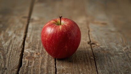 Bright red apple lying on a rustic wood surface