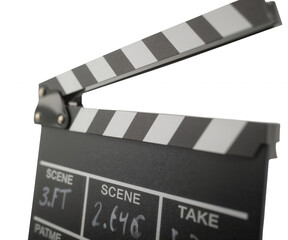 Naklejka premium A Detailed Close-Up of a Movie Clapper Board Set Against a Cinematic Backdrop with Striking Clarity