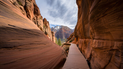 Breathtaking view of Zion National Park with layered sandstone formations and snowy mountain peaks offering a sense of adventure and natural beauty