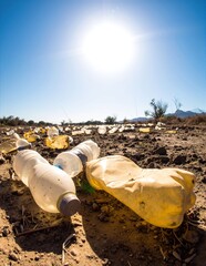 Obraz premium A cluster of discarded plastic and glass bottles scattered across a grassy area, reflecting sunlight, with some partially buried in the soil.