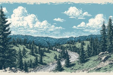 Lush mountain landscape with a winding river.