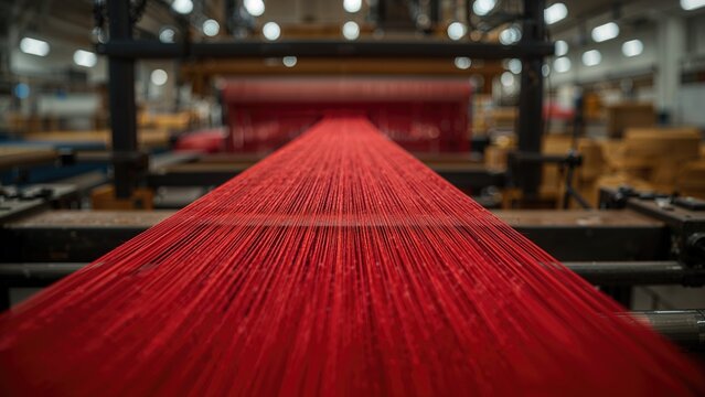 Traditional weaving craft with red thread and abstract design