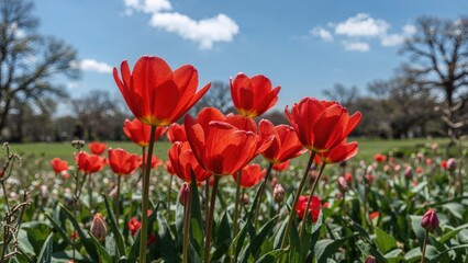 Radiant red tulips glowing on a warm spring day