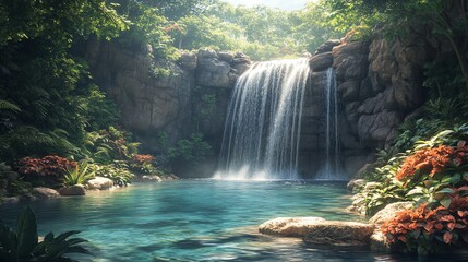 Scenic Waterfall Flowing Into Blue Pool Surrounded By Lush Greenery