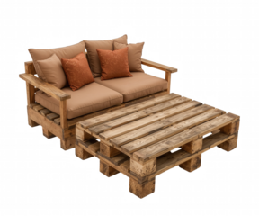 A rustic pallet couch and footrest stand alone in a stark studio setting highlighting DIY furniture with an environmental friendly concept and sustainable living