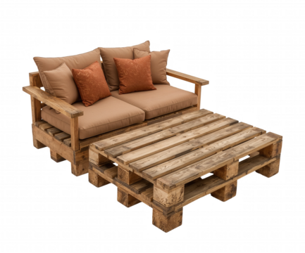 A rustic pallet couch and footrest stand alone in a stark studio setting highlighting DIY furniture with an environmental friendly concept and sustainable living