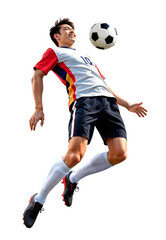 Asian male football player leaping midair to receive a soccer ball pass