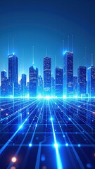 Fototapeta premium A vibrant cityscape featuring sleek, futuristic skyscrapers adorned with colorful neon lights, casting a luminous glow against the night sky.