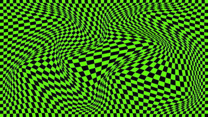 Vector wave with optical illusion with black and green cubes. Abstract geometric chess pattern. Psychedelic texture. Op art with monochrome background. Floor checkerboard.