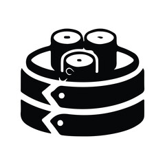Dim sum dumplings in a traditional bamboo steamer basket icon.